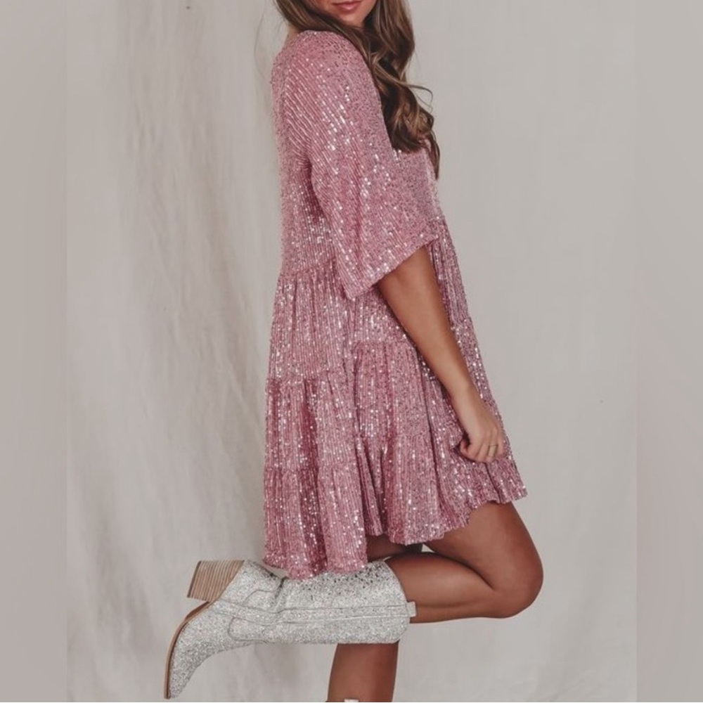 Light pink sequin tiered babydoll dress.